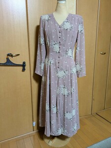 569中古シフォン花柄長袖ロングワンピース肩パッド入り