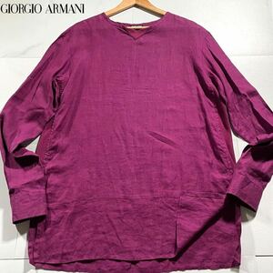 極美品/XLサイズ相当●最高級 ジョルジオ アルマーニ リネン100% 長袖シャツ ロンT プルオーバー GIORGIO ARMANI 黒タグ 麻 パープル 紫