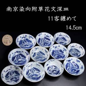 【欟】中国古玩 南京染向附草花深皿 11客 14.5cm 古染付 唐物骨董 [D144]VT/24.12廻/FM/(140)