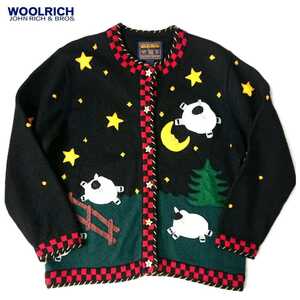 超稀少 90S WOOLRICH ウールリッチ ヴィンテージ 高級羊が一匹、羊が二匹…装飾ウールオーバーカーディガン レディースM(L-XL相当) 美品