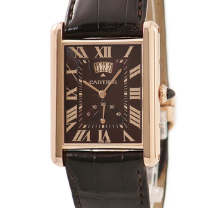【3年保証】 カルティエ タンク ルイ カルティエ XL デイト＆パワーリザーブ W1560002 K18PG無垢 茶 角型 ローマン 手巻き メンズ 腕時計