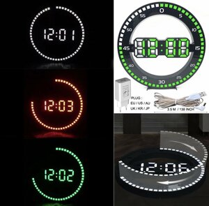 LHH544★全3種類 要1種類選択 時計 インテリア モダン オーナメント デジタル USB 目覚まし時計 丸型3D LEDデジタル壁掛け時計 壁掛け時計