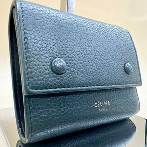 美品● CELINE セリーヌ 三つ折り財布 ダークグリーン Wホック レザー レディース コンパクトウォレット 本革