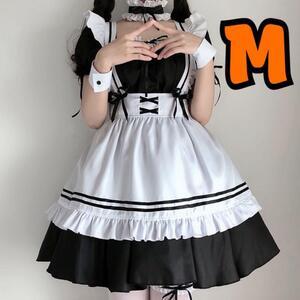 メイド服 M ロリータ ゴスロリ リボン 仮装 コスプレ　学園祭　文化祭　フリル　ワンピース　豪華　6点セット　ゴシック　萌え　可愛い