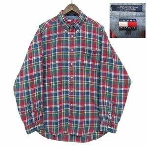 90s~ サイズ L/G トミーヒルフィガー TOMMY HILFIGER リネン コットン チェック ボタンダウン シャツ 長袖 古着 ビンテージ 2S1999