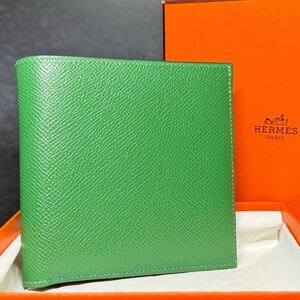 【新品同様/激レア】 エルメス HERMES MC2 ガリレイ クシュベル グリーン 二つ折り財布 札入れ 小銭入れ付き 緑 牛革 レザー 箱付き