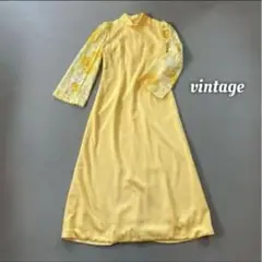 vintage シアー素材 花柄イエローハイネックドレス ロングワンピース