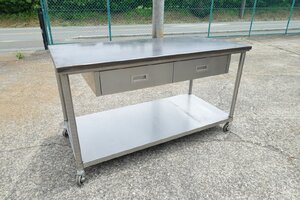 144*69*80cm　引出し付　天板鉄板張り　ステンレス製　作業台　キャスター付　ワークテーブル　業務用　DIY　150　大型　調理台