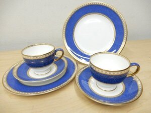 A02721★WEDGWOOD ウェッジウッド ユーランダー パウダーブルー カップ&ソーサー&プレート 2客 セット ③ / トリオ 金彩 青 洋食器