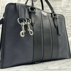 【美品】COACH コーチ メンズ ビジネスバッグ ブリーフケース ショルダー 2way レザー 本革 シボ革 大容量 A4◎ 紺 ブラック 黒 バイカラー