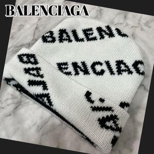 BALENCIAGA ニットキャップ ビーニー ニット帽 総柄ロゴ 白 正規品