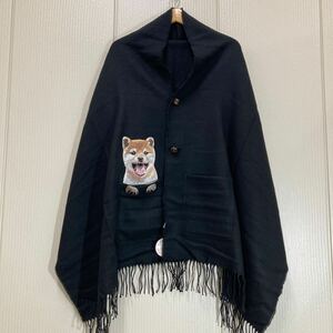 CC 未使用 ルナ・ジュメール Luna Jumelle ポケット付豆柴犬刺繍ポンチョ ストール ブラック レディース TOBU 百貨店 40311AE