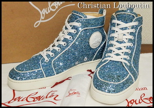 激レア Christian Louboutin グリッター クリスチャンルブタン 水色ラメ 装飾 メンズ スニーカー 41 ハイカット ランタス スタッズ 正規品