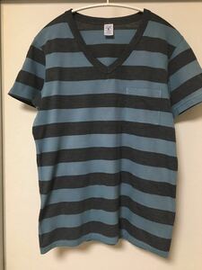 ◆【人気】VELVA SHEEN ベルバシーン/ ボーダーＶネックポケットTシャツ SAX-BLUE×CHARCOAL S