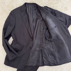 美品◎希少XXXL◎アルマーニ コレッツオーニ ARMANI COLLEZIONI メンズ スーツ ビジネス 黒 ブラック ストライプ 総裏 通勤 セットアップ