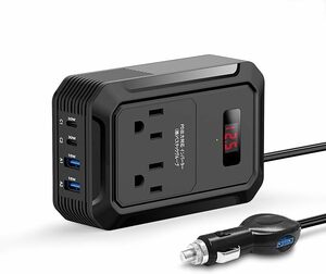 インバーター シガーソケット コンセント 200W 修正正弦波 PD 出力対応 DC12VをAC100Vに変換 USB 4ポート 電圧測定機能搭載 黒 