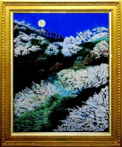 ＊真作＊ 大型肉筆原画 金崎秀利「月華」キャンバスに油彩 直筆サイン入/HIDELI KANAZAKI/夜桜/無所属/小林和作に師事/北海道苫小牧出身