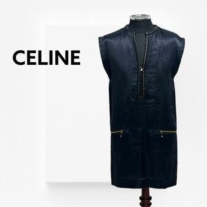 CELNE セリーヌ レーヨン ラムレザー切替 ノースリーブ ワンピース 2 6D76/2653