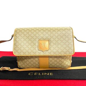 極 美品 CELINE セリーヌ マカダム ブラゾン 柄 トリオンフ ロゴ レザー 本革 ショルダーバッグ ポシェット ベージュ ブラウン 76595