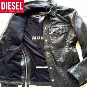 【美品・L相当】ディーゼル DIESEL レザージャケット 柔らか ラムレザー 羊革 ブラック 黒 ブルゾン トラッカージャケット 革ジャン ロゴ