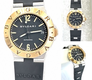 BVLGARI　ブルガリ　K18 YG　ディアゴノ デイト　メンズ　AT　自動巻き　時計　ブラック ゴールド　純正　ラバーベルト　定価80万　　黒