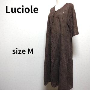 【美品】Luciole 花模様 上質コットン素材 ブラウンカラー 半袖ロングワンピース Mサイズ レディースファッション