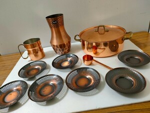 COPPER　銅製品　金属製　金属工芸　キッチン雑貨　いろいろまとめて　レトロ　茶托　鍋　花瓶　インテリア　総重量1,860 g