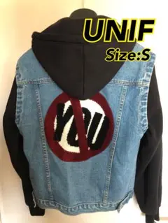 【人気】unif 切替　デニムジャケット　デニム&パーカー仕様ジャケット S