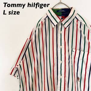 トミーヒルフィガー　半袖シャツ　ボタンダウン　ストライプ　オールドトミー　Lサイズ　ユニセックス　Tommy hilfiger BDシャツ