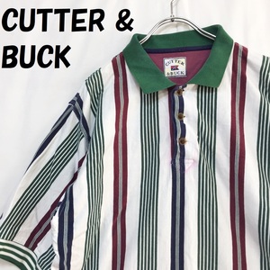 【人気】CUTTER & BUCK/カッターアンドバック ゴルフ 半袖ポロシャツ ストライプ柄 コットン100％ ホワイトベース サイズM/S3178