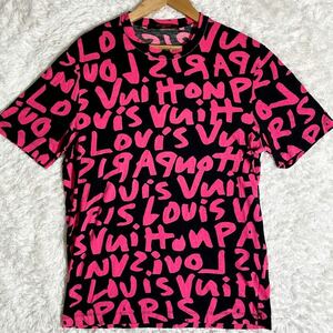 未使用級◎ルイヴィトン グラフィティ モノグラム Tシャツ 総柄 トップス カットソー 半袖 ロゴ 黒 ブラック ピンク LOUIS VUITTON メンズ 