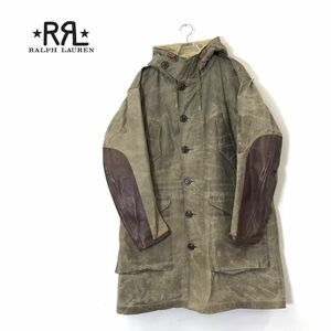 1N1821-N◆ RRL ダブルアールエル ラルフローレン フィールドパーカー オイルドコート 裏起毛 ボア 袖レザー切替◆sizeL カーキ コットン