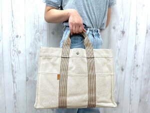 極美品 HERMES エルメス ニューフールトゥMM トートバッグ ハンドバッグ バッグ キャンバス ベージュ×茶 A4収納可 メンズ 76172Y