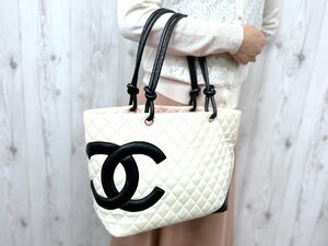 極美品 CHANEL シャネル ココマーク カンボンライン トートバッグ ハンドバッグ ショルダーバッグ バッグ レザー ホワイト系×黒 A4可73627