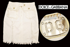 M-1263★送料無料★DG DOLCE＆GABBANA ドルチェアンドガッバーナ★正規品 イタリア製 ホワイトデニム フリンジ 台形 膝丈 スカート 40