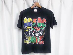 ◆80s パキ綿 袖裾シングル◆AC/DC BACK IN BLACK ブート ヴィンテージ バンド Tシャツ バックインブラック ロック パンク 