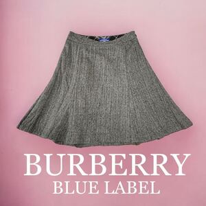 BURBERRY BLUE LABEL 日本製 三陽商会正規品 ヘリンボーン織り ウール ミニスカート フレアスカート シワ加工 バーバリー ブルーレーベル