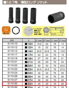【TIP TOP】インパクト用　薄型ロングソケット　S110-30　12.7角　直径38ｍｍ　30ｍｍ　ナット用　単品