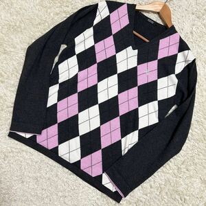 極美品/L位 バーバリーブラックレーベル BURBERRY BLACK LABEL 長袖 ニット セーター アーガイル ホース刺繍 ウール グレー マルチカラー