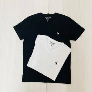 a00688 Abercrombie&Fitch アバクロ 2枚セット Tシャツ 半袖 Vネック XS ブラック ホワイト 万能 シンプル ロゴ刺繍 デイリーカジュアル