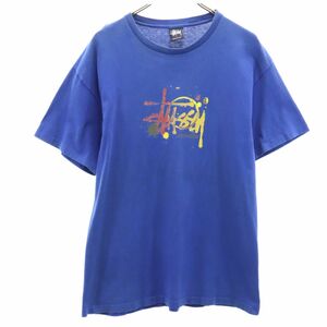 ステューシー 90s USA製 紺タグ オールド プリント 半袖 Tシャツ L ブルー STUSSY メンズ