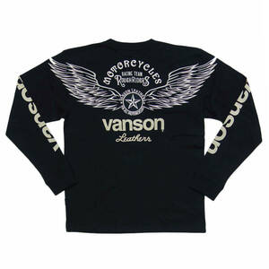 送料無料 バンソン 長袖 Tシャツ NVLT-2312 LL (XL) 黒 フライング スター 刺繍 翼 ウイング VANSON ロンT バイク バイカー クルーネック