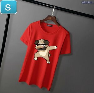 夏にピッタリ ☆ 丸首 半袖 Tシャツ【346】 レッド Sサイズ トップス シャツ シンプル イラスト 犬 ドッグ 春夏