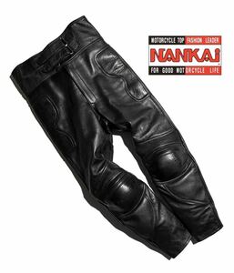 美品【LL】南海 NANKAI ナンカイ レザーパンツ ライディングパンツ LL メンズ 牛革 膝プロテクター付 黒 裾ジップ バイカー