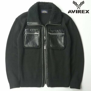 美品 AVIREX アヴィレックス 6174022 LAMB LEATHER Double Zip MOD KNIT 羊革レザー切替 ミリタリー ニットブルゾン ブラック 黒 L