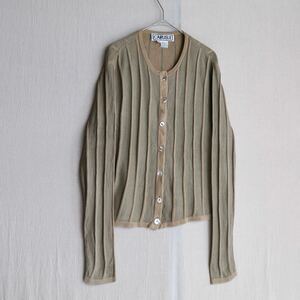 【100%シルク】 90s USA vintage ニット カーディガン / レディース S カーキ ベージュ ストライプ ビンテージ K4-10029-9277