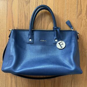 FURLA フルラ★リンダ Mサッチェルバッグ 2way ハンドバッグ ショルダーバッグ★紺