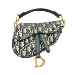 【真贋判定済】 DIOR ディオール オブリークサドルバッグ ミニ 紺×ベージュ ハンドバッグ B0830X5ZU9