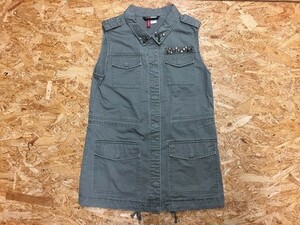 H&M DIVIDED 36 レディース ノースリーブジャケット 飾ストーン ドットボタン ミリタリーテイスト 綿100% グレーグリーン・カーキ