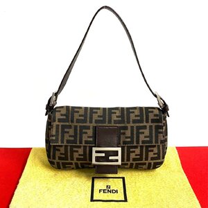 極 美品 FENDI フェンディ マンマバケット ズッカ 柄 キャンバス レザー 本革 セミ ショルダーバッグ ハンドバッグ ブラウン 659-1